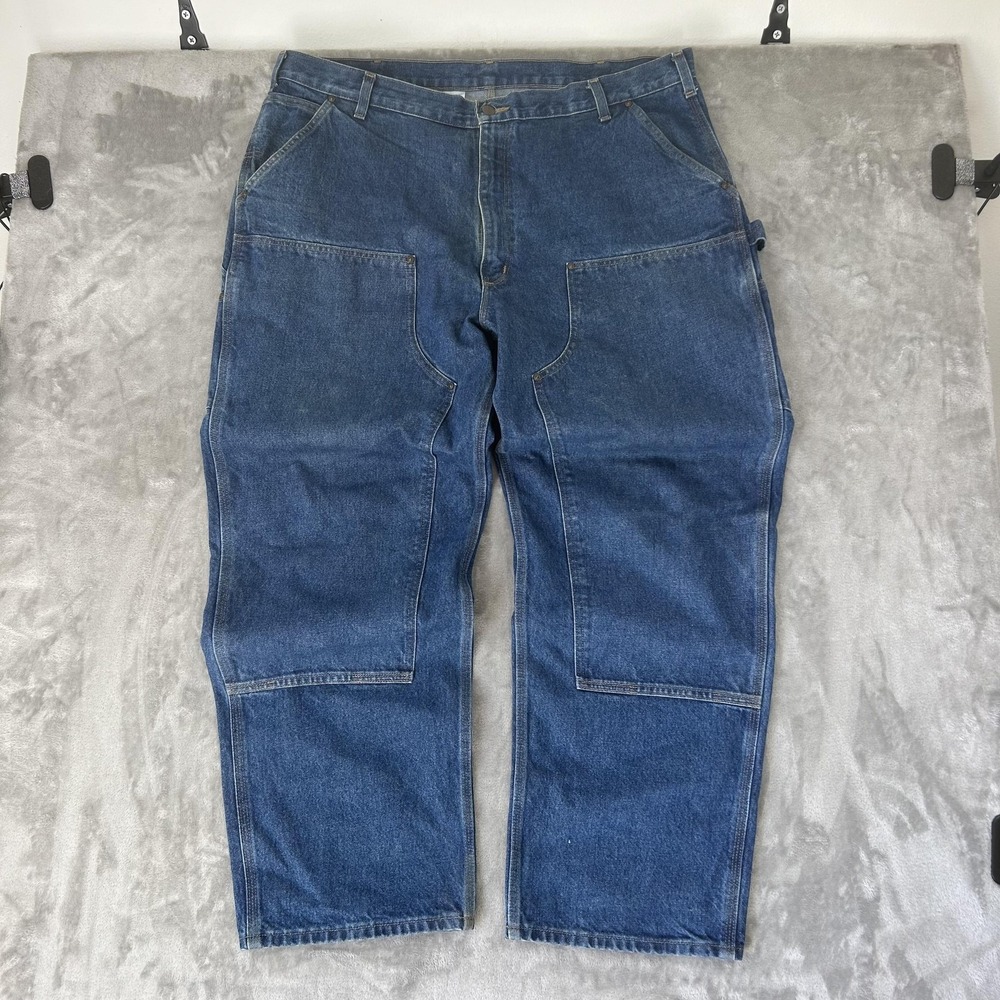 Carhartt B73-DST Jeans Mens 42x31 Blue Med Double Knee Straight Denim Workwear - Picture 8 of 16